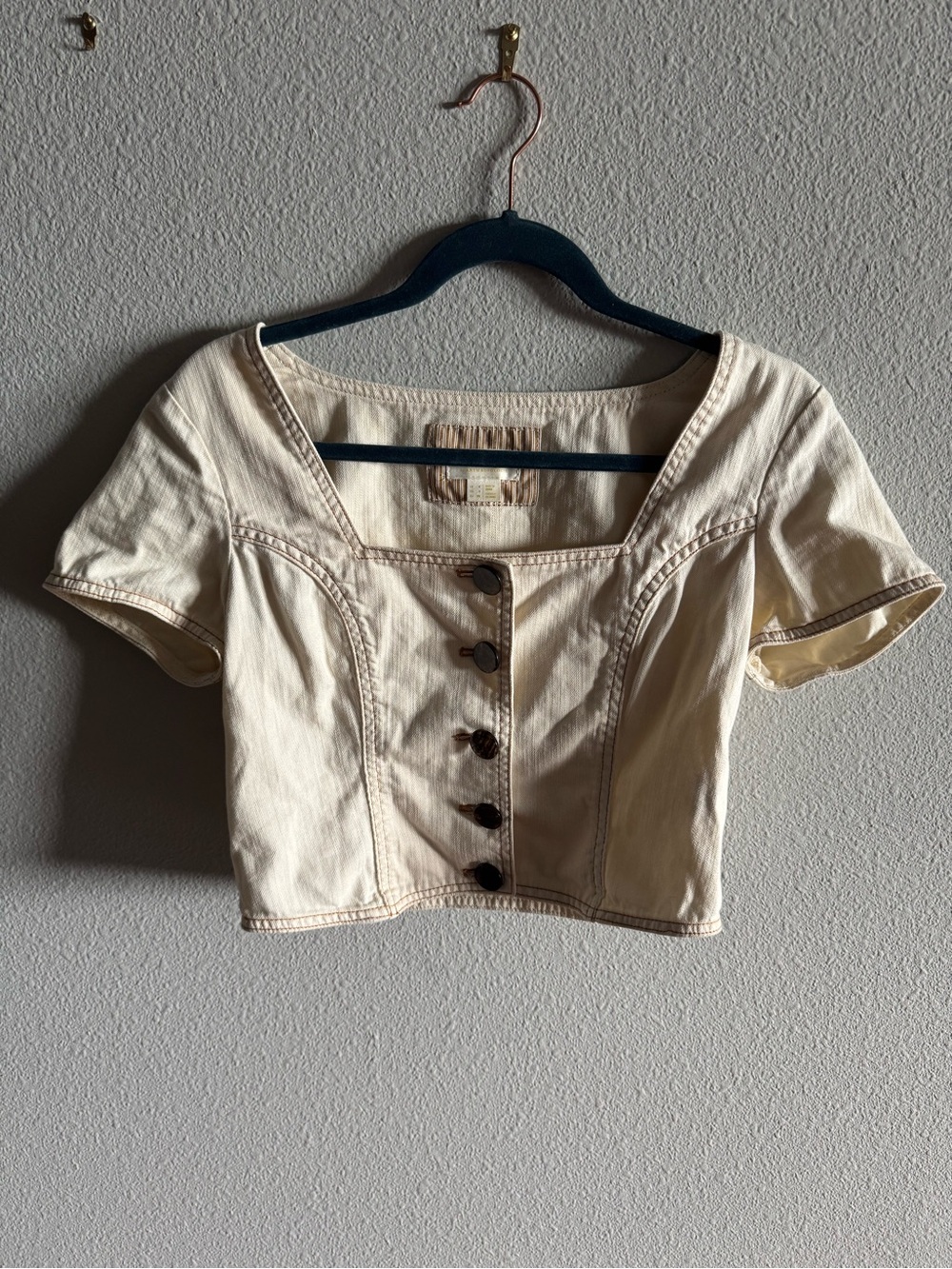 Maeve Cream Button-Front Cropped Square-Neck Top
